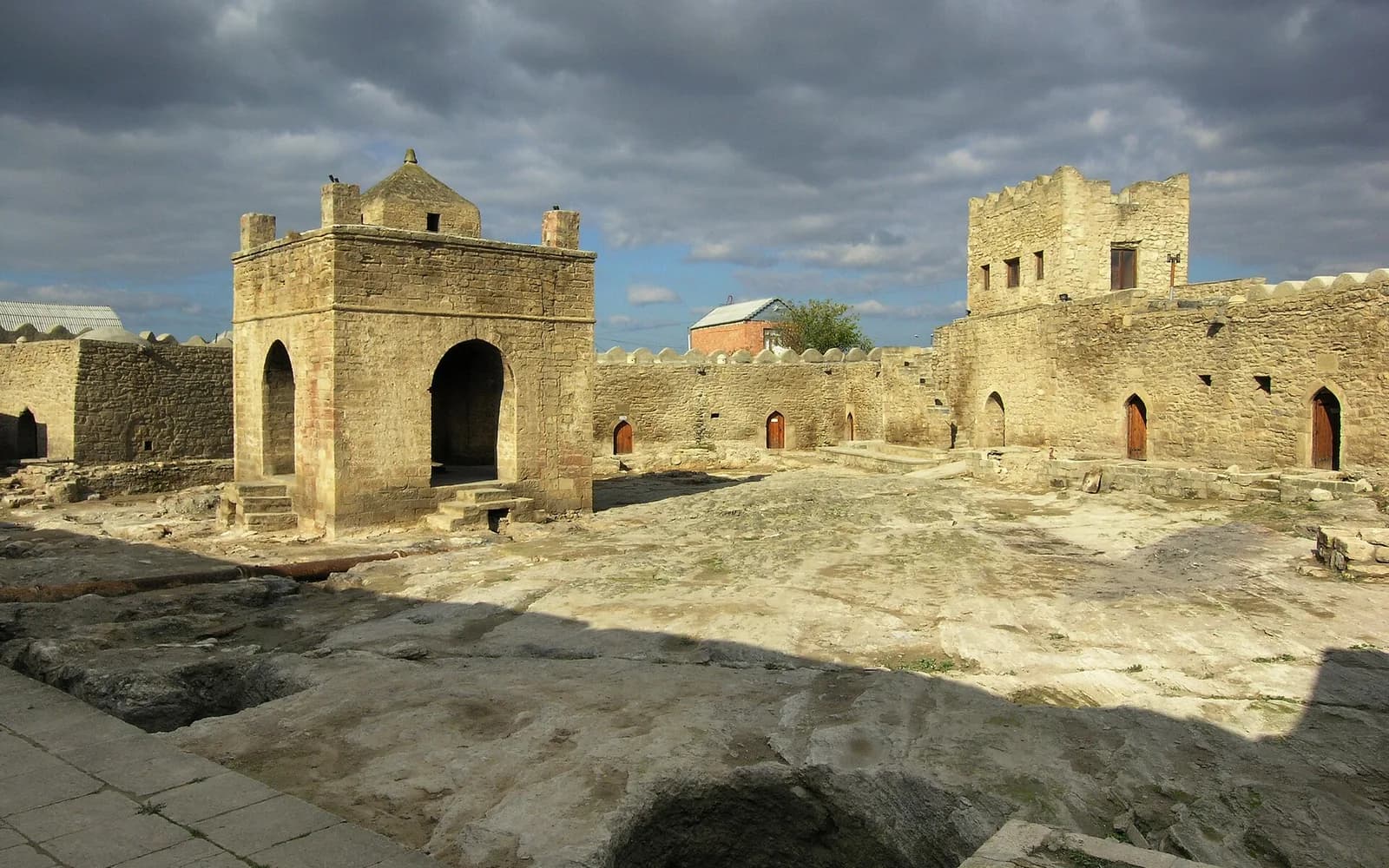 Stone courtyard of Ateshgah Fire Temple in Surakhani