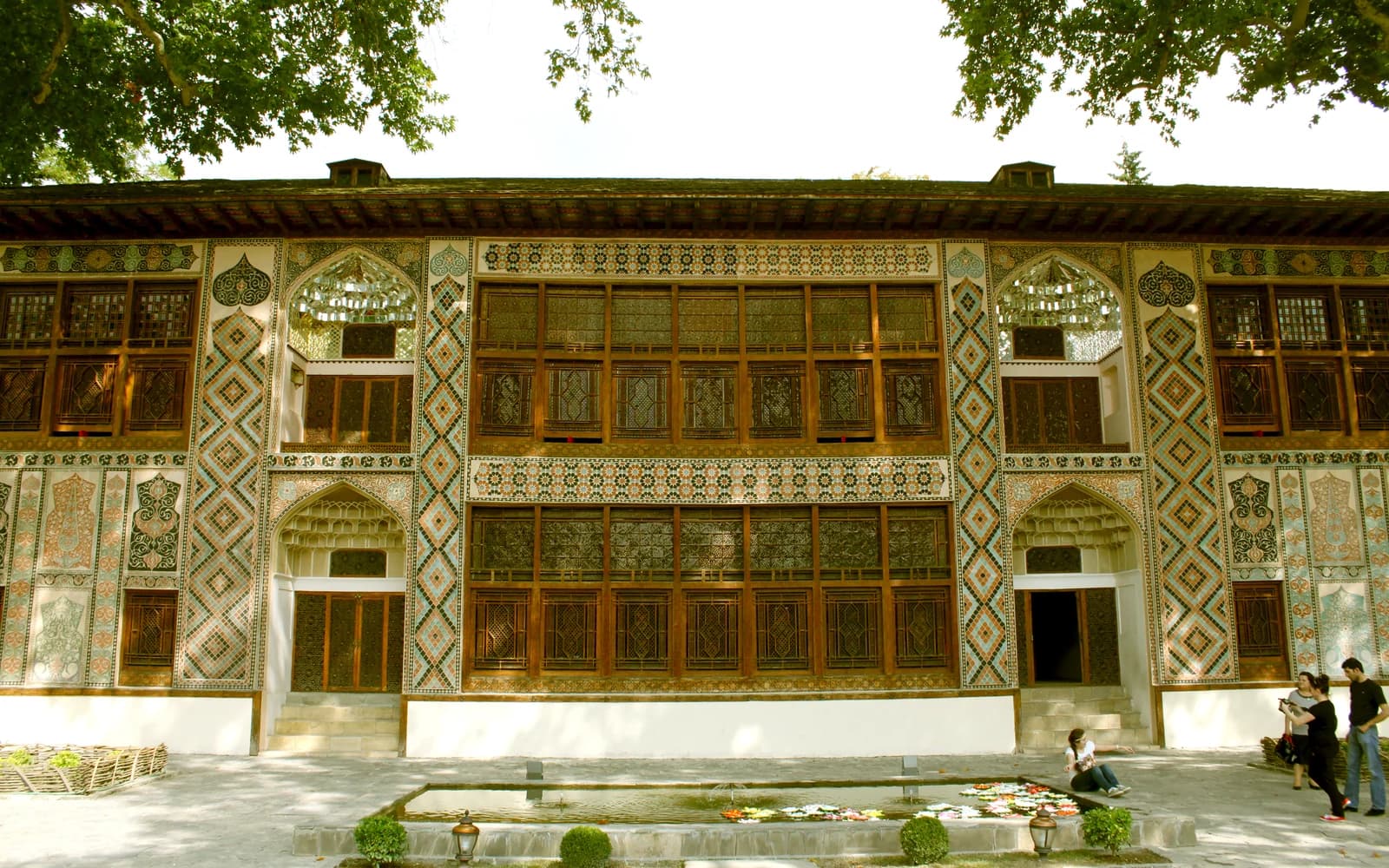 Front facade of the Sheki Khan Palace with its geometric windows