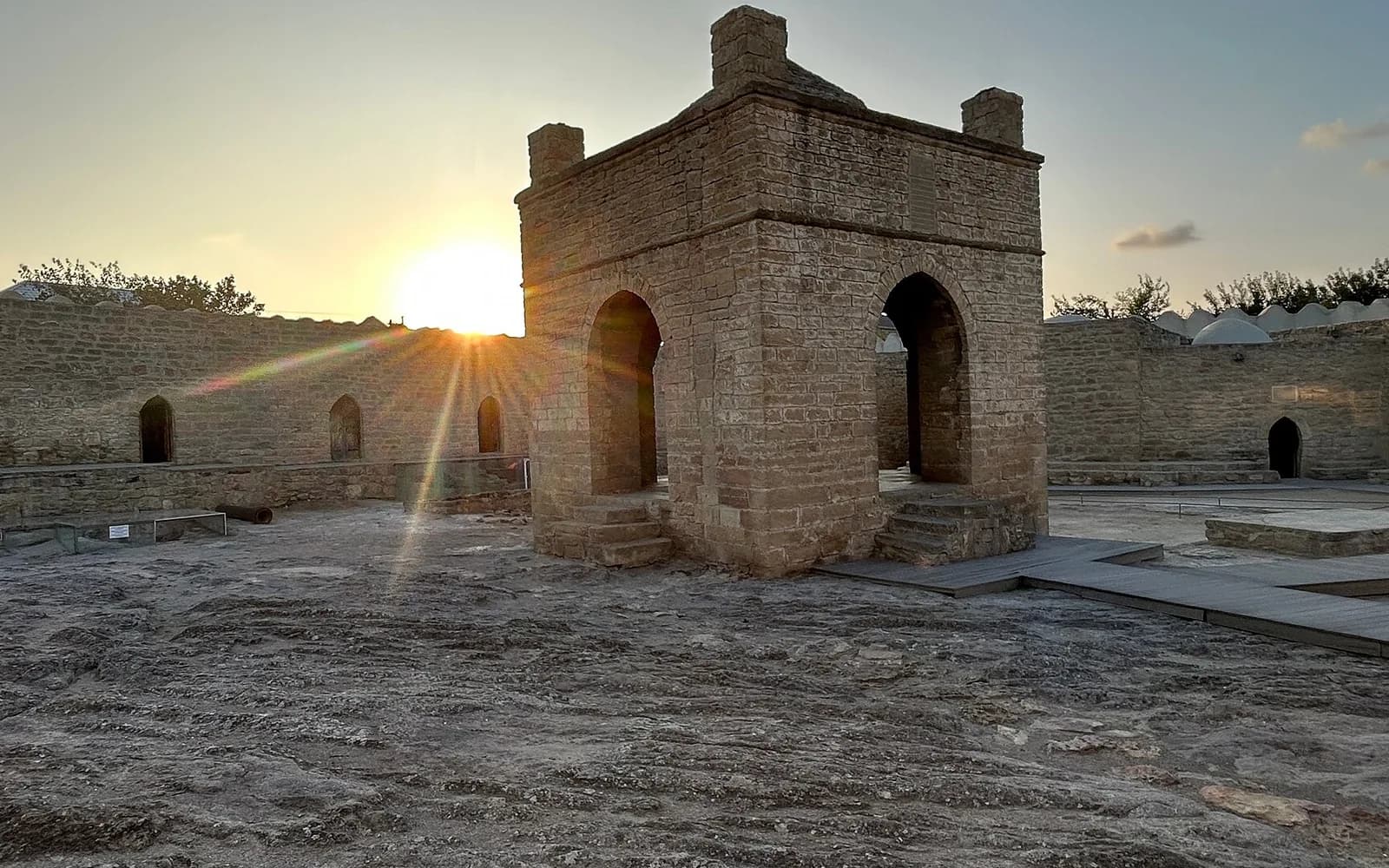 Ateshgah Fire Temple courtyard near sunset