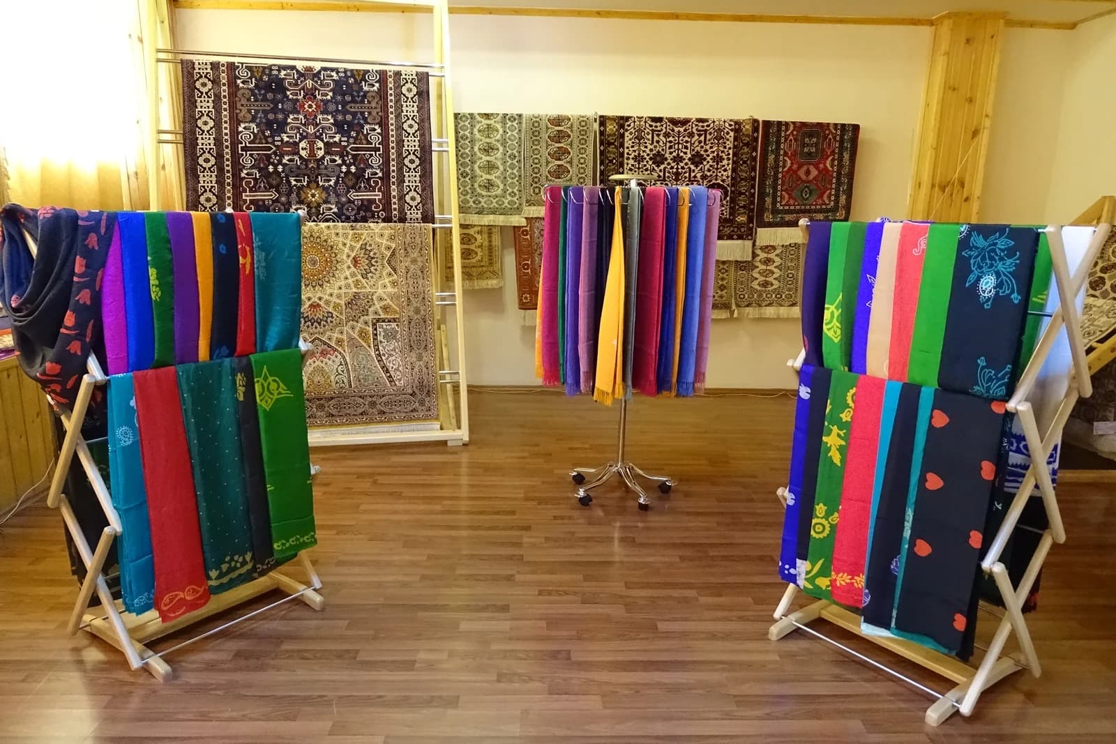 Colourful silk scarves displayed at the Seki Ipek showroom in Sheki