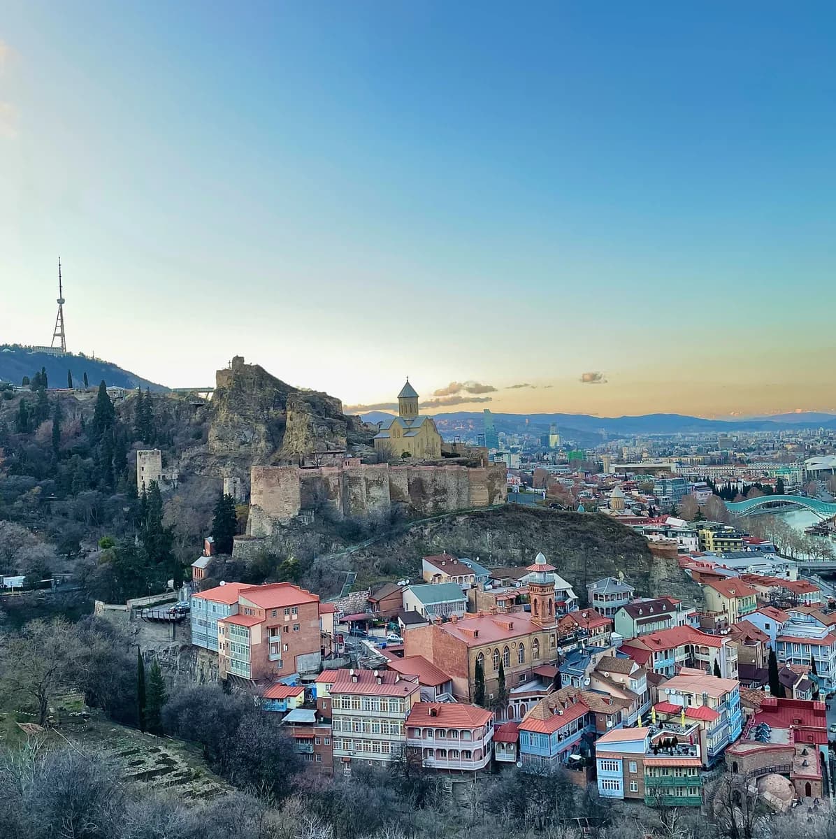 Narikala fortress and the Old Town of Tbilisi at dusk