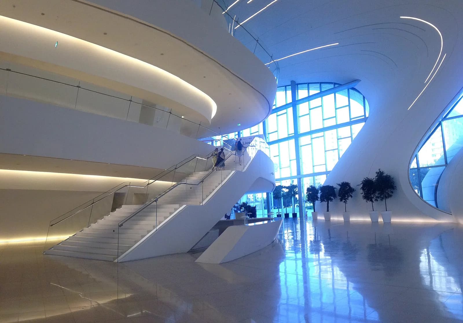 Curving white stairway inside the Heydar Aliyev Center in Baku