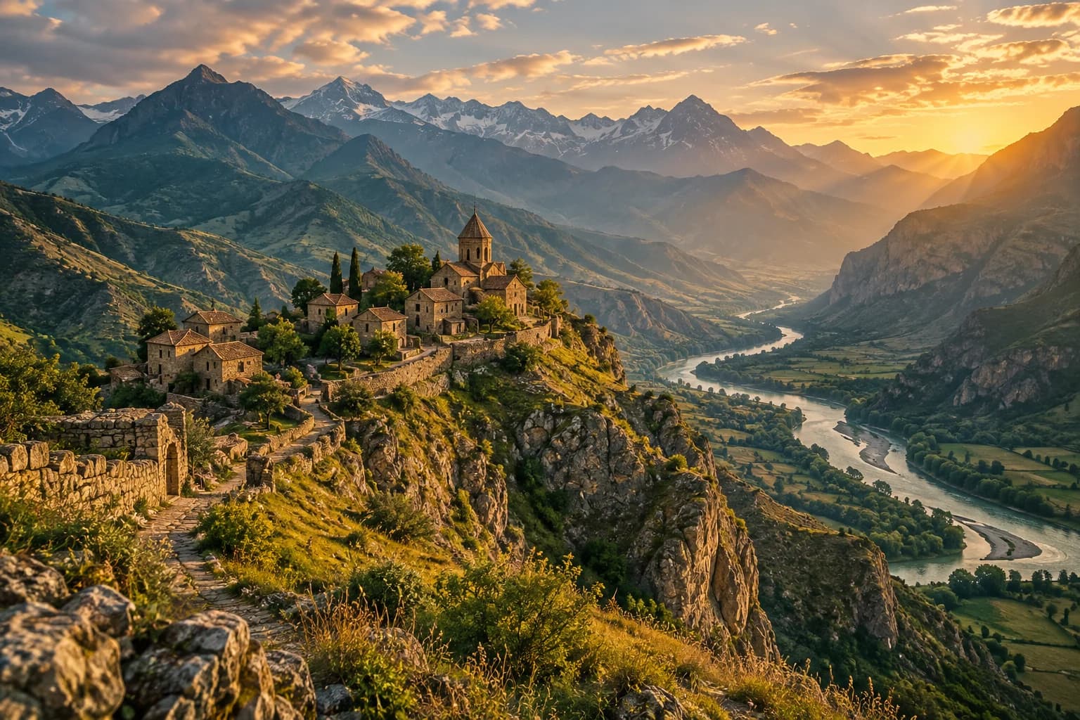 A cinematic journey through a Caucasus mountain valley — AI-generated tour illustration