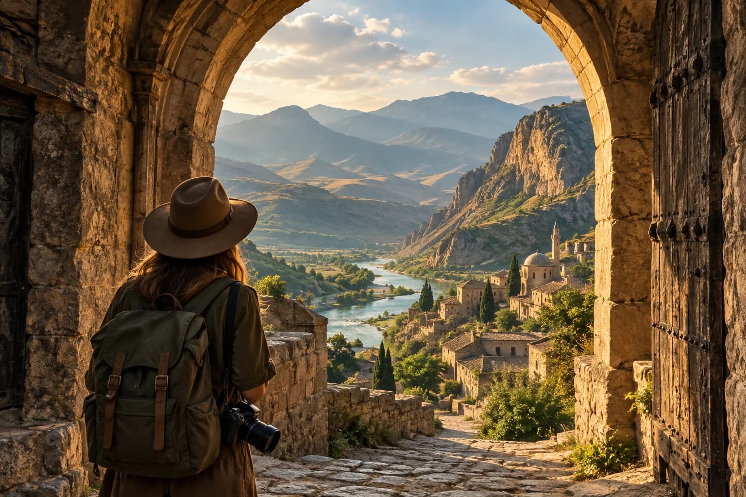 A traveller with a camera discovering a stone gateway — AI-generated tour illustration