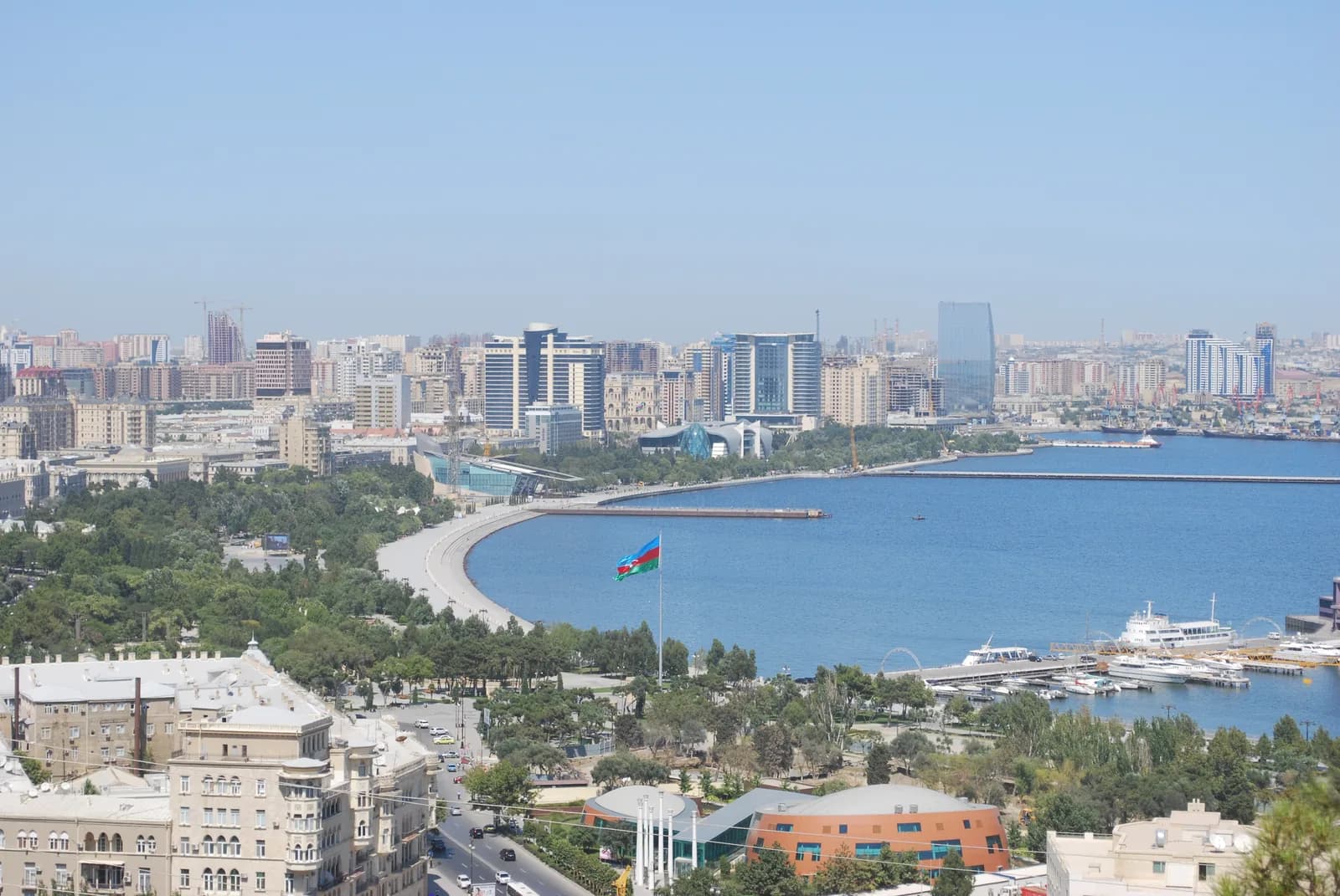 Baku Boulevard and Caspian waterfront seen from above