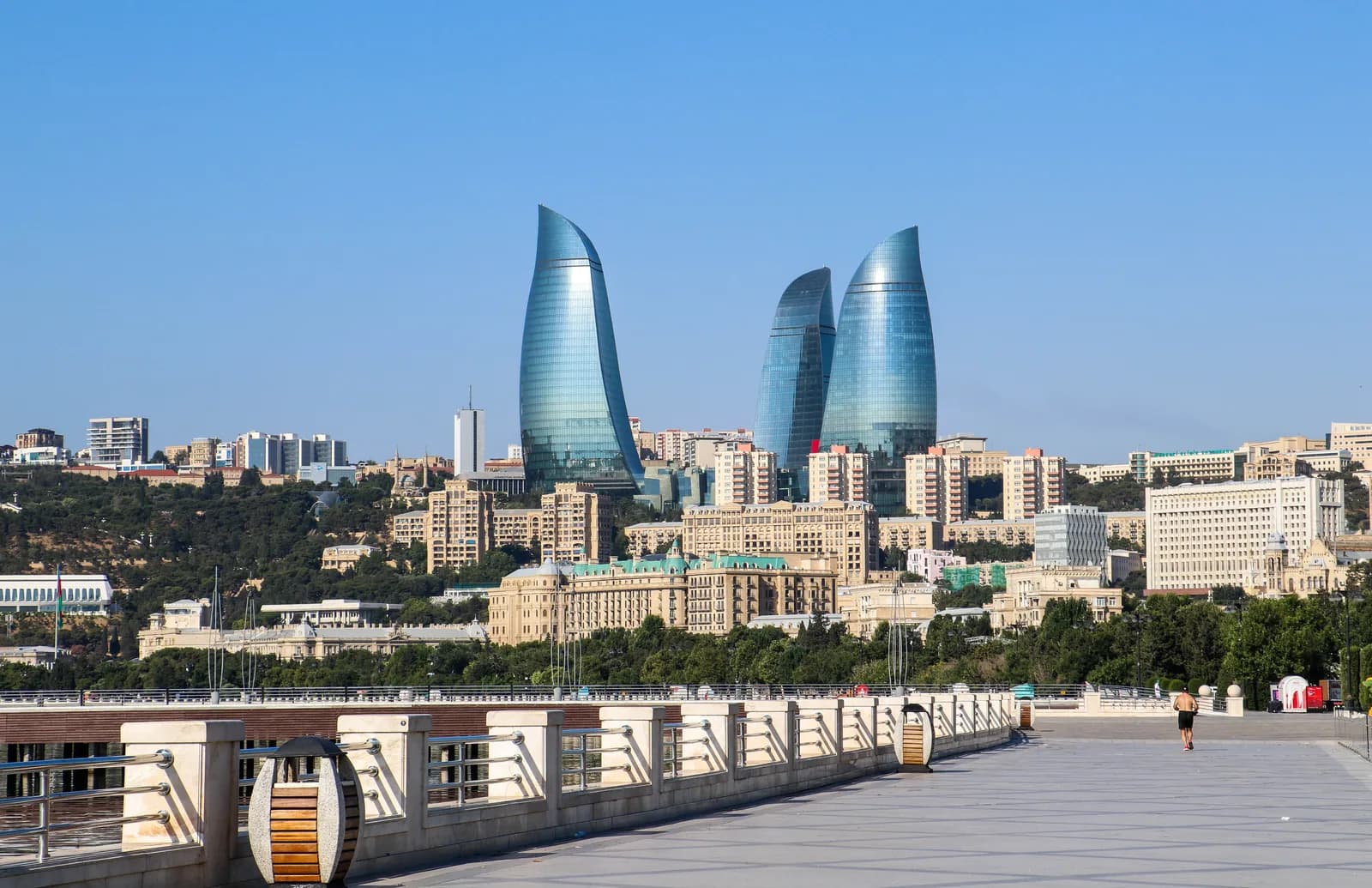 Baku Boulevard promenade and the Flame Towers skyline