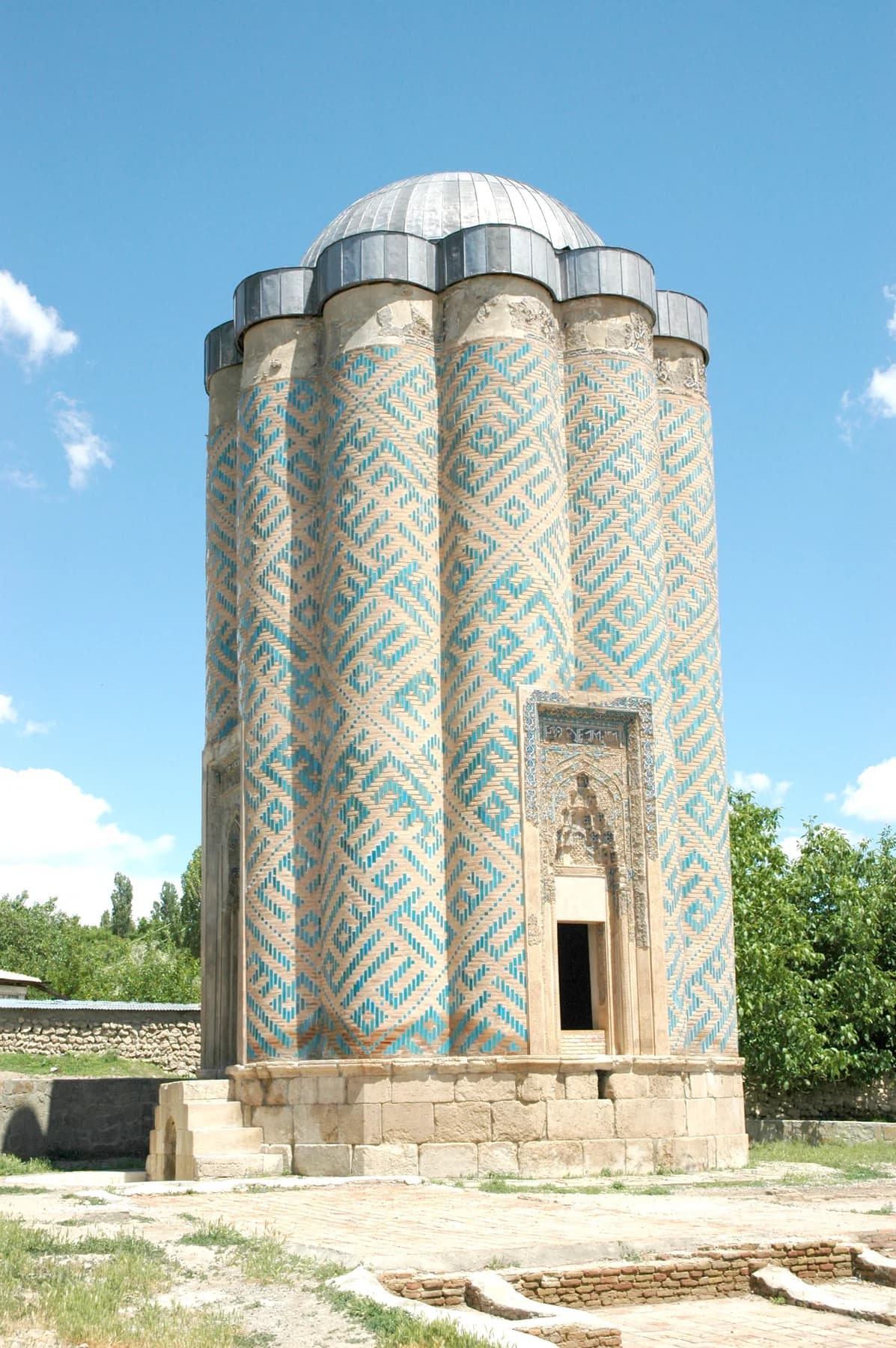 Turquoise geometric brickwork at Garabaghlar Mausoleum