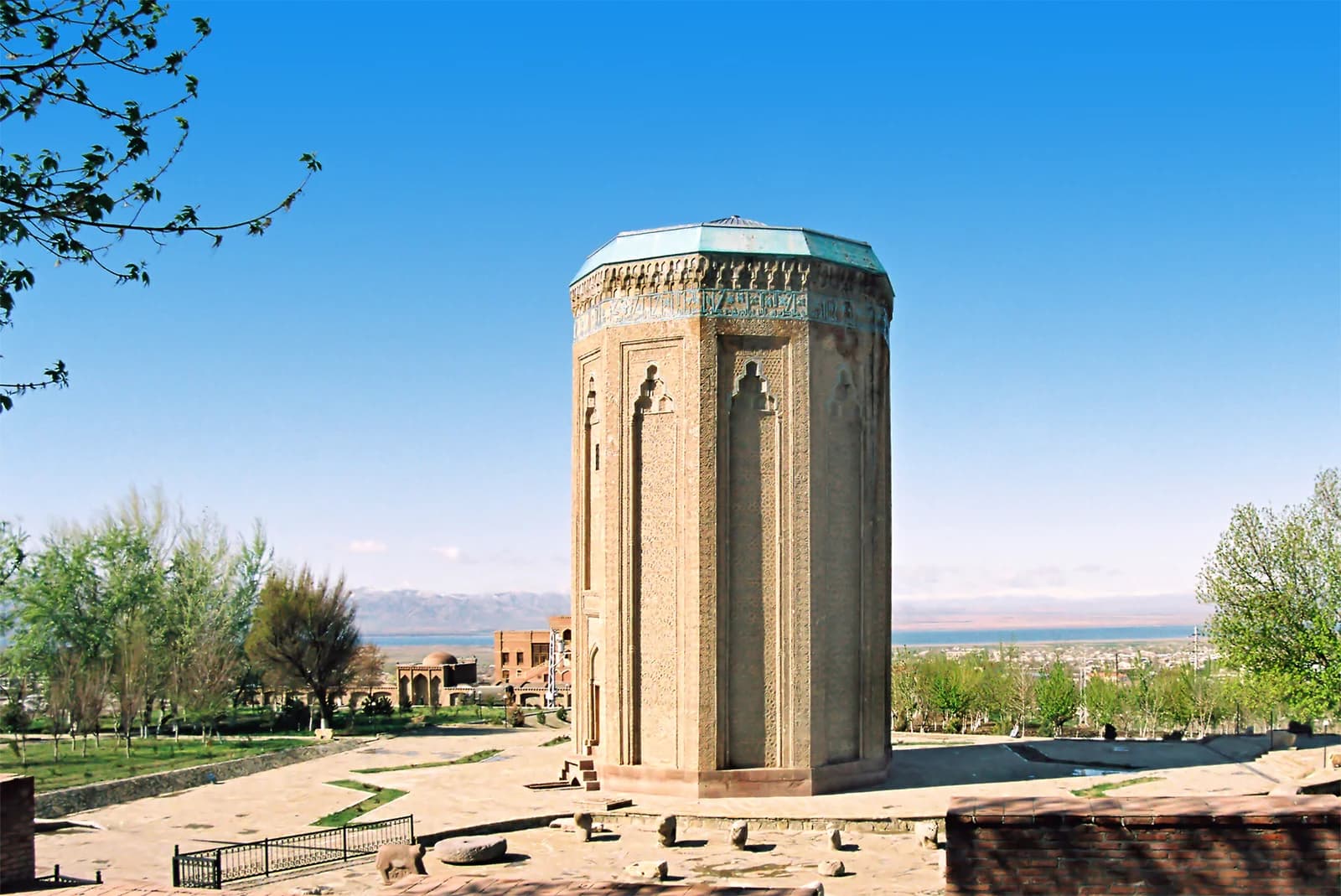 The patterned brick tower of Momine Khatun Mausoleum in Nakhchivan