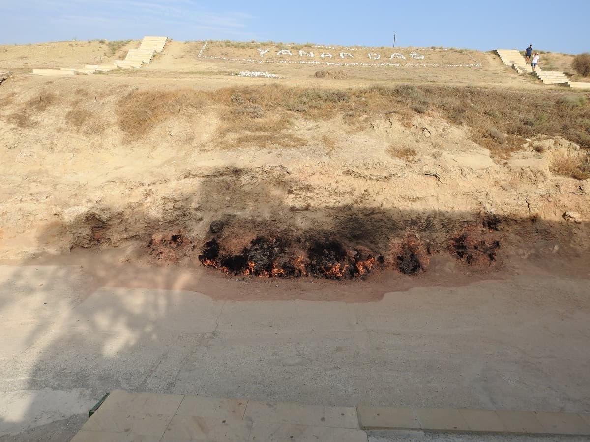 Yanardag fire mountain natural gas flames burning on the hillside