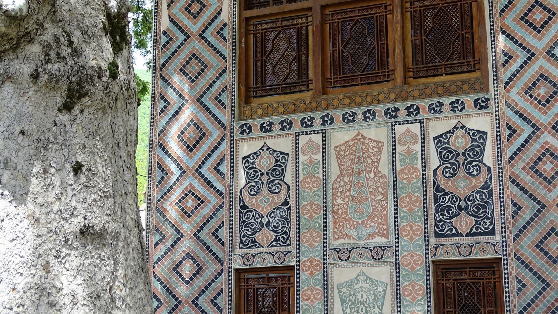 Sheki Khan's Palace facade detail with shebeke stained glass and painted ornament