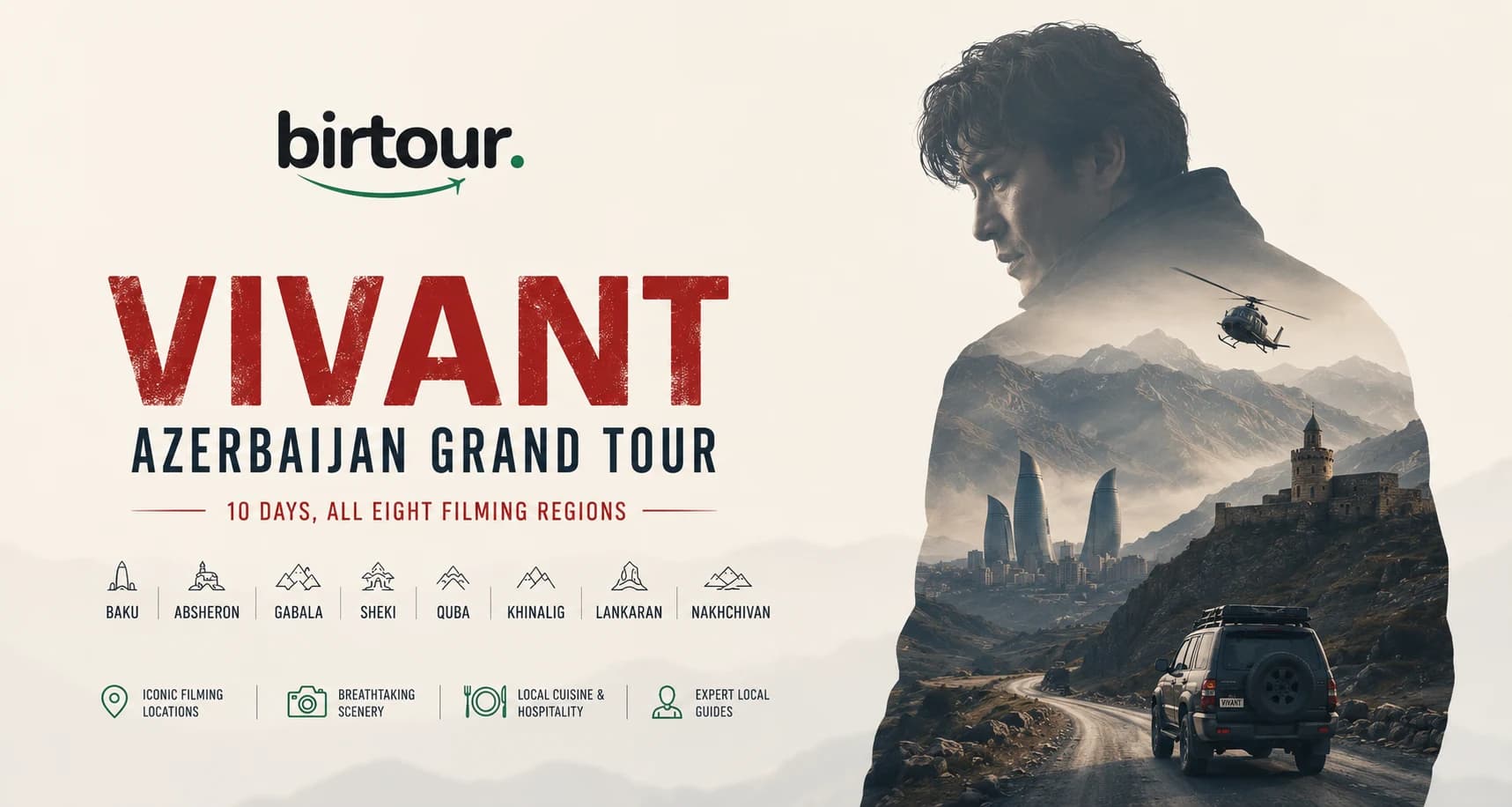 Birtour key visual for the VIVANT Azerbaijan Grand Tour: ten days across all eight filming regions, with the Flame Towers, a hill fortress and a 4x4 on a mountain road set inside a traveller's silhouette