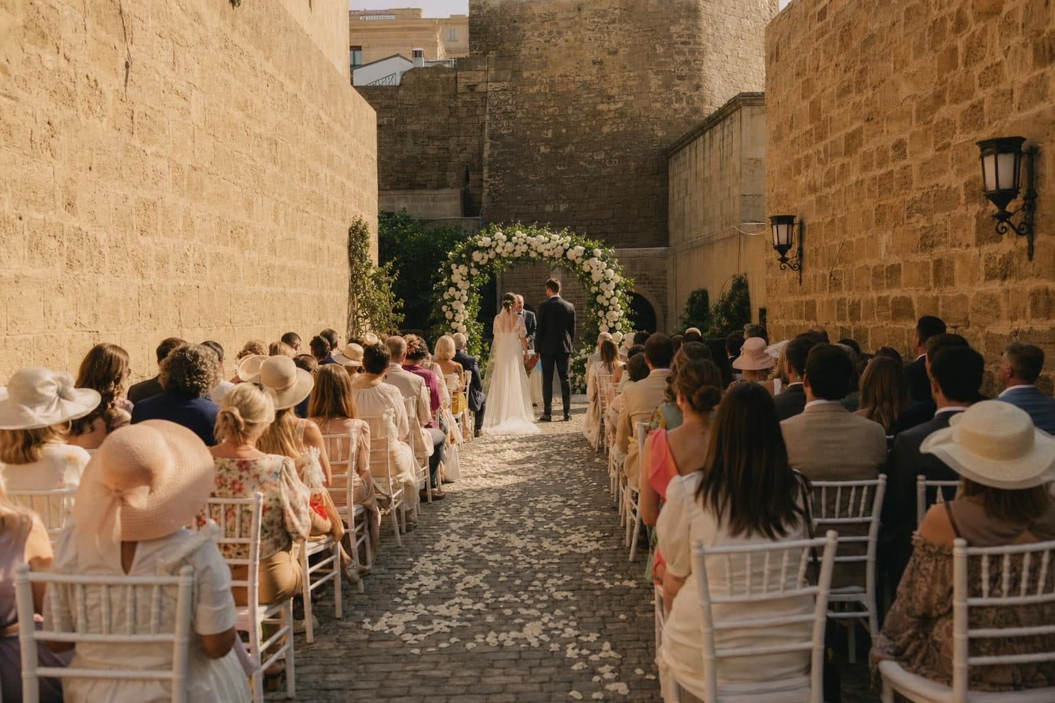 Bride and groom at aisle-end facing celebrant, all, Icherisheher, Baku