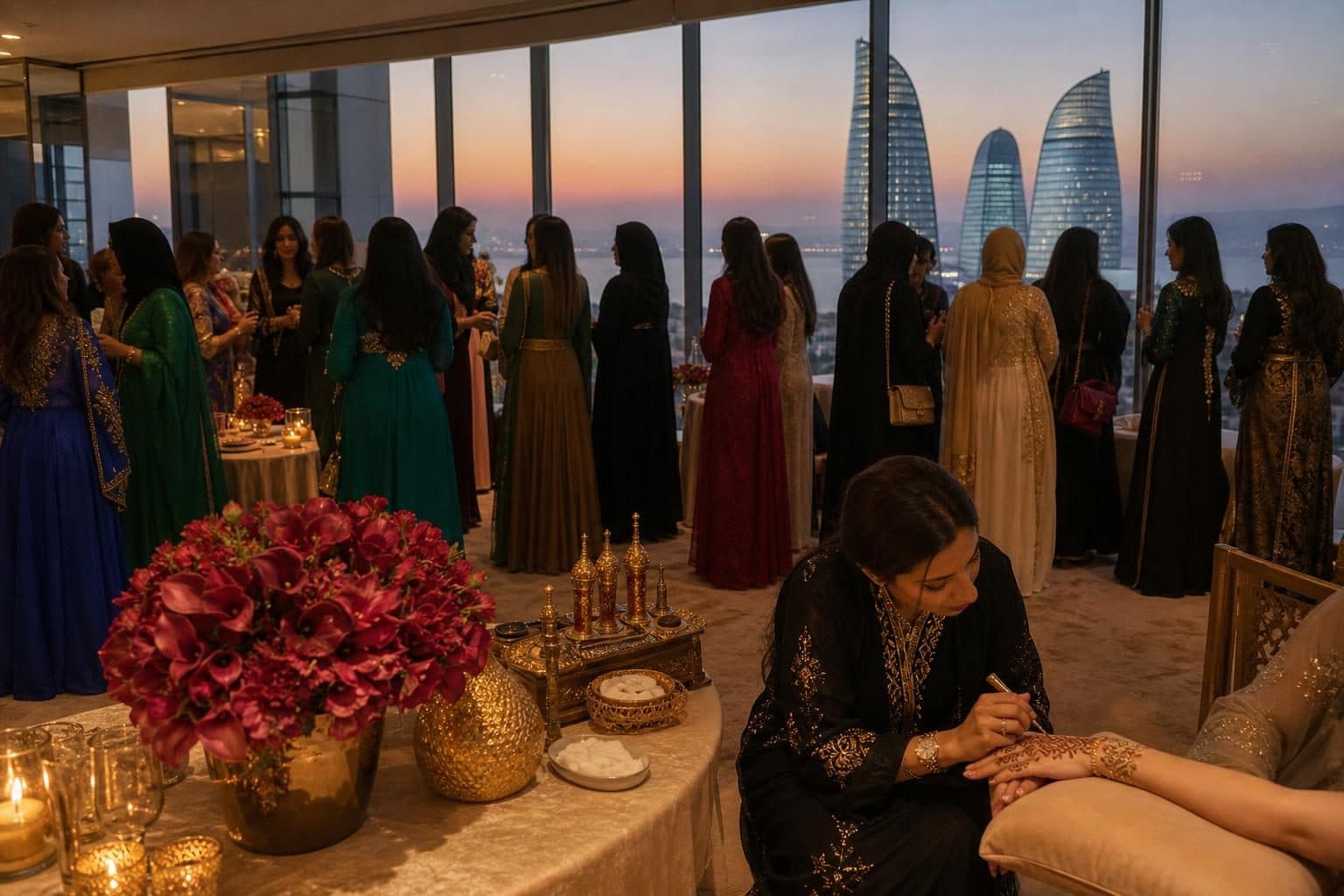 Around 30 GCC women in elaborate Khaleeji formal evening attire, Flame Towers, Baku