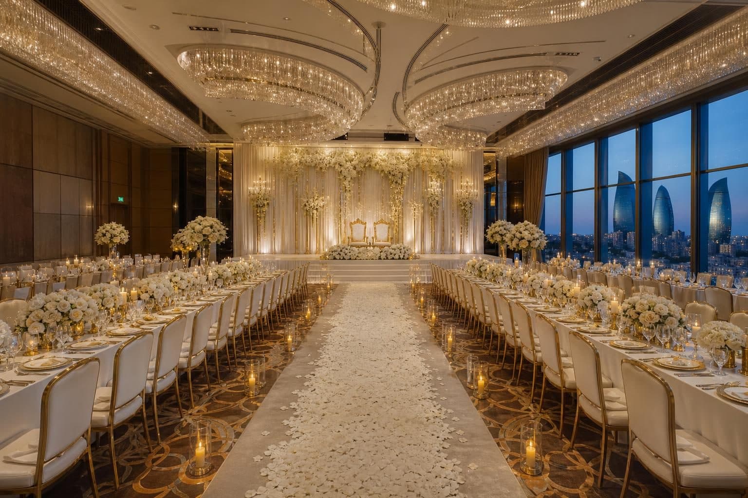 Long elevated dais at far end with 2 ornate gold thrones, backdrop of cascading white-gold floral installations, Flame Towers, Baku