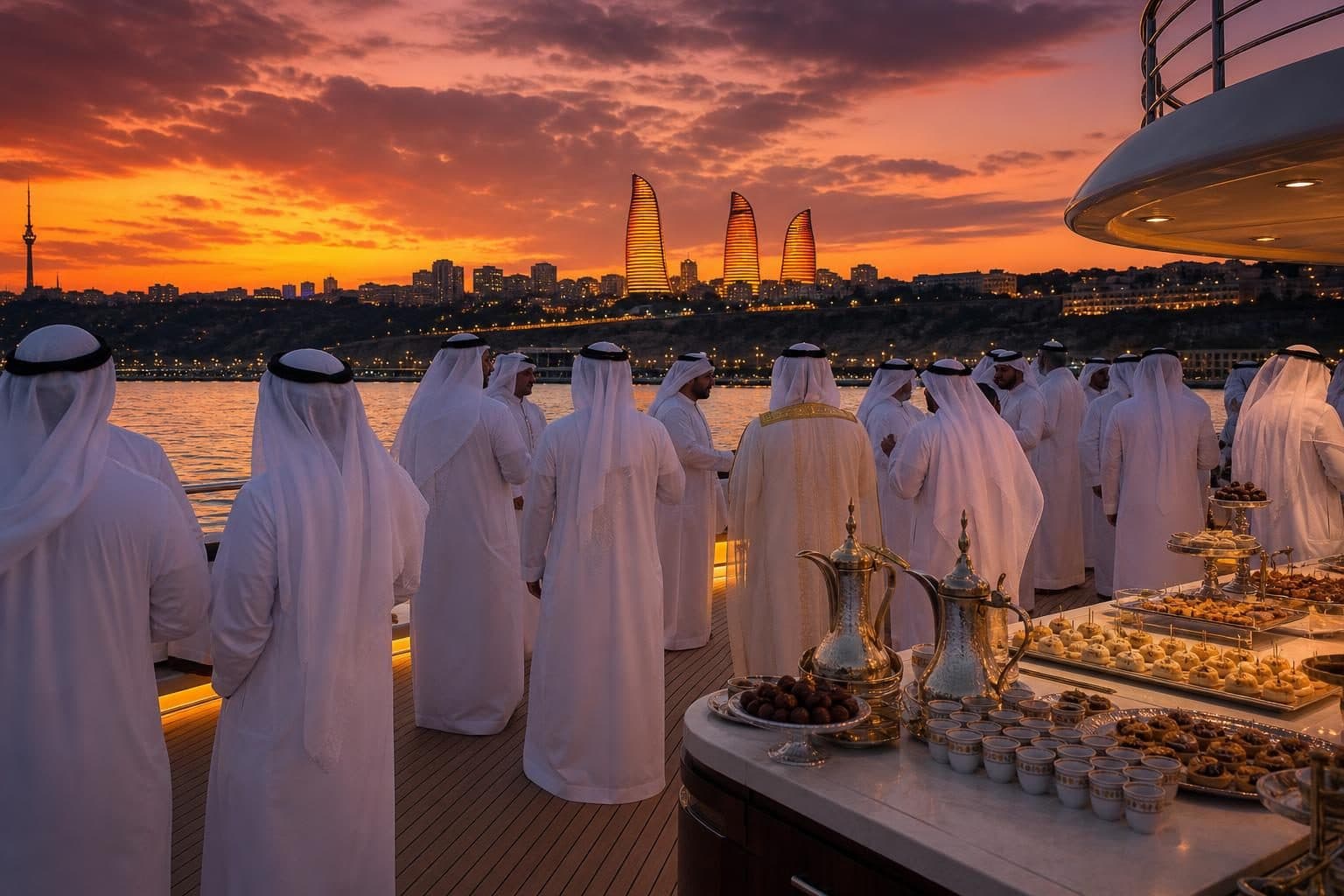 Around 20 men in traditional white kandura and ghutra headdresses on deck, mingling, Caspian, Baku
