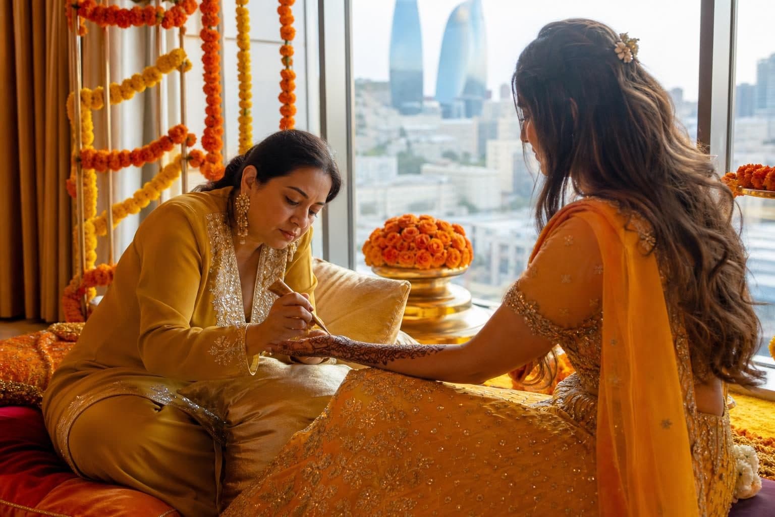 Bride seated on low embroidered cushion, side-angle profile, Flame Towers, Baku