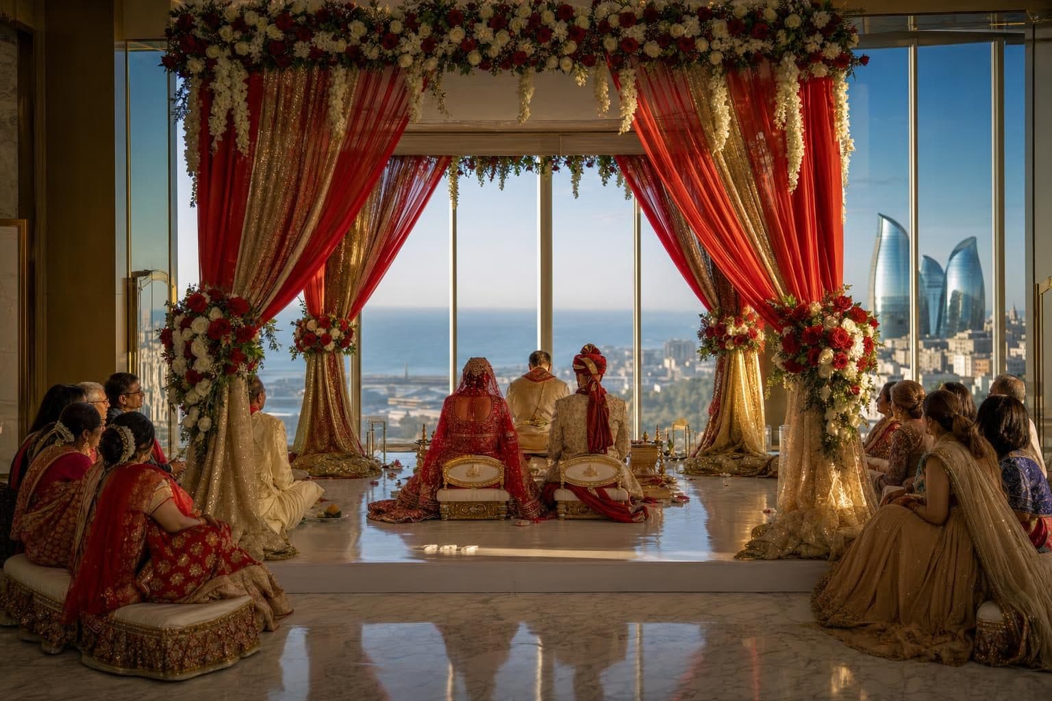 Elaborate four-pillar mandap with crimson and gold drapes, abundant white-and-red roses and marigold, Flame Towers, Baku