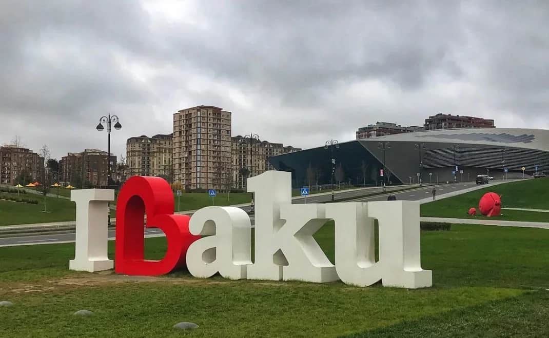 Baku sign with the Baku Convention Center in the background