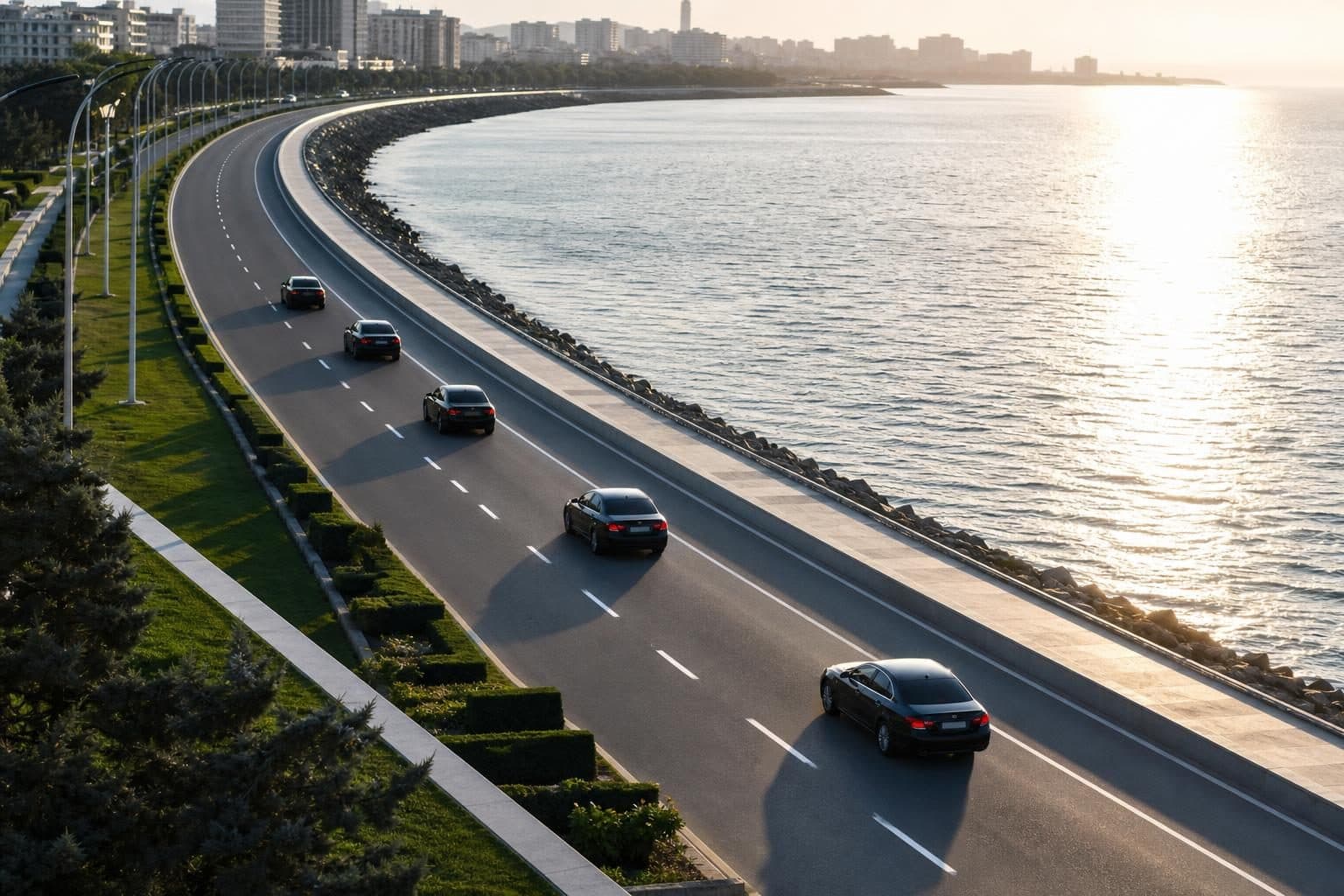 5 unmarked luxury sedans in formation, spaced 30m apart, driving along curved highway, Baku