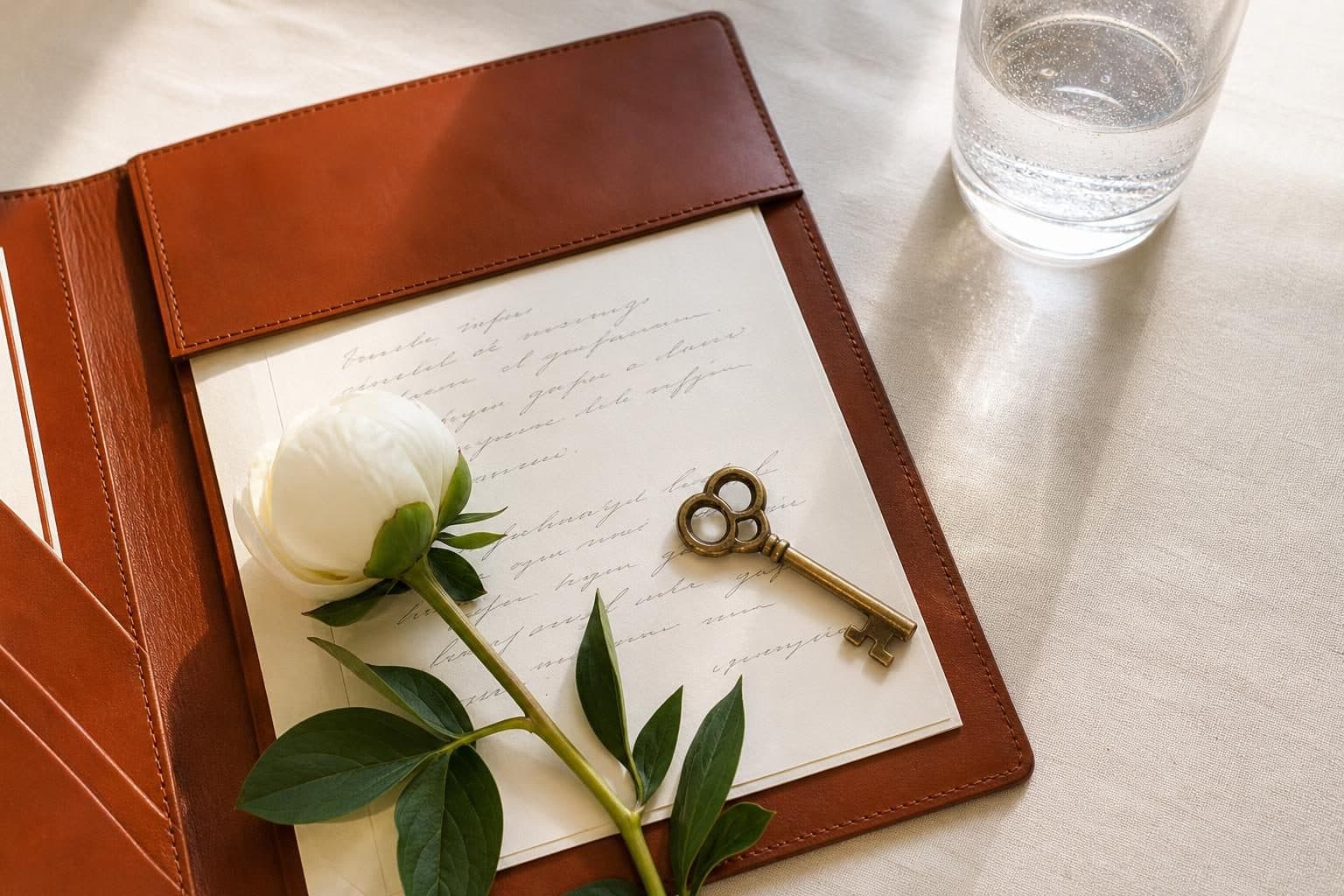 Cognac leather welcome folder partly open, handwritten card with cursive script, single white peony stem across card, antique brass key, glass of