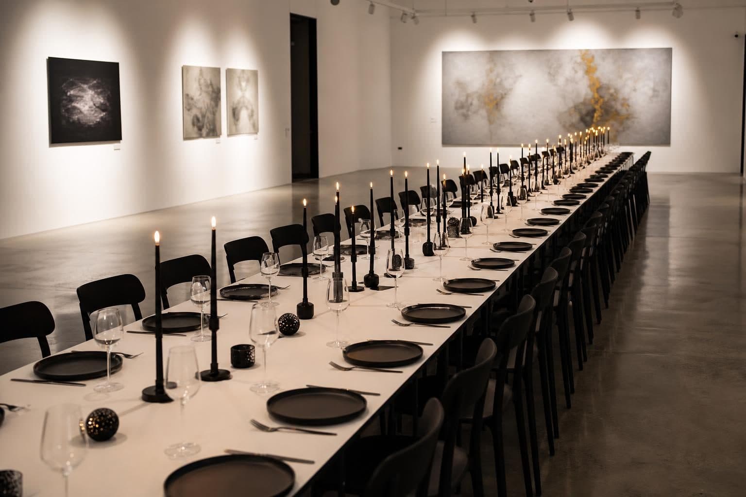 Long communal table for 30 diagonal across frame, minimalist black tableware on white tabletop, matte black taper candles, Yarat, Baku