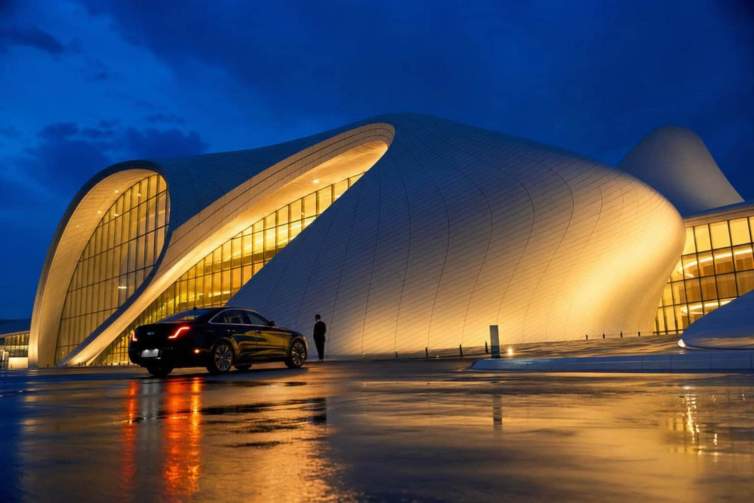 Single black luxury sedan at the entrance, valet figure, Heydar Aliyev Center, Baku
