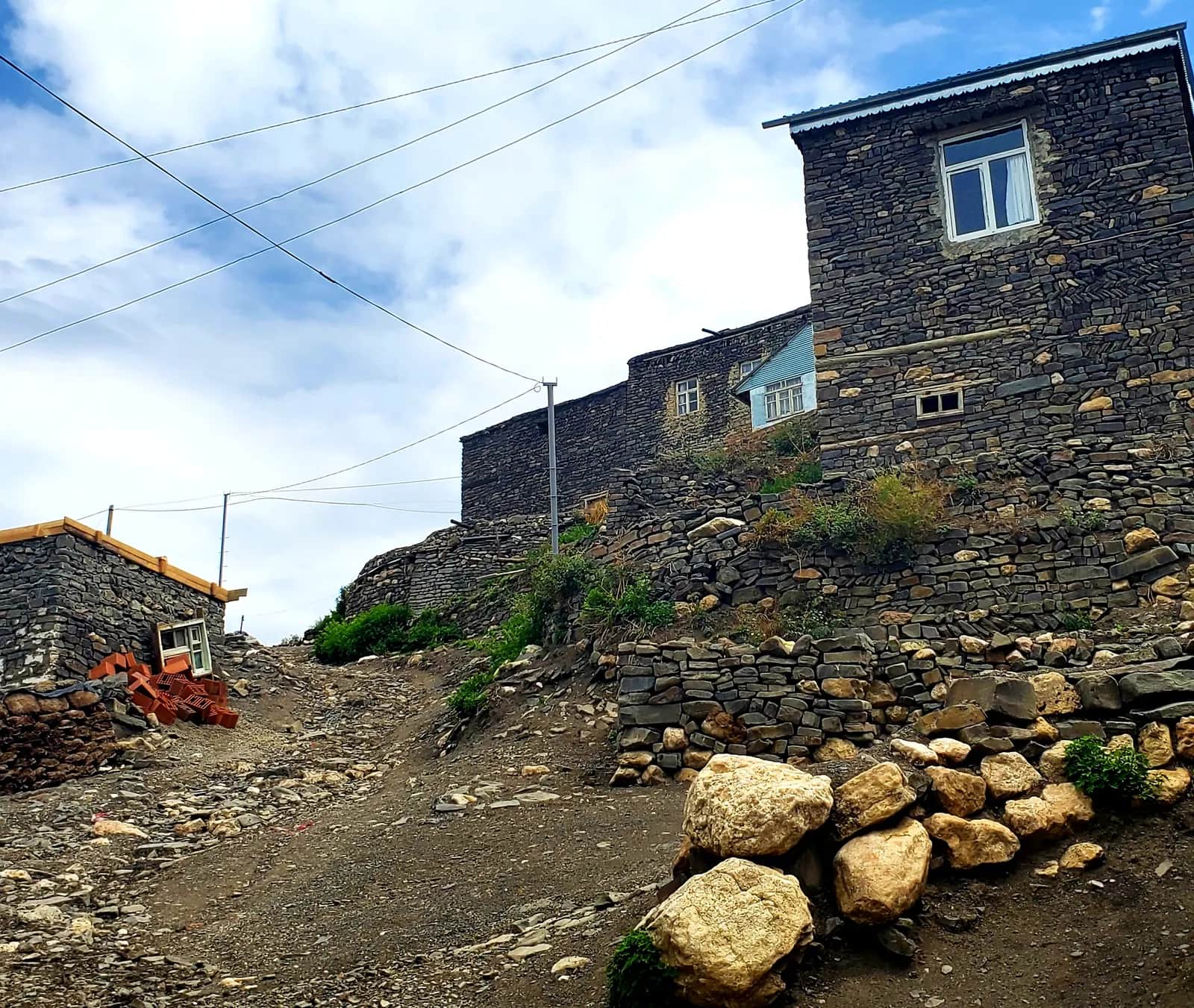 Stone houses terraced up the ridge at Khinalig, high in the Greater Caucasus above Quba
