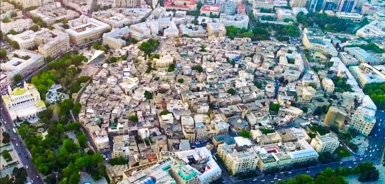 Aerial view over the walled Old City of Baku and its surrounding streets