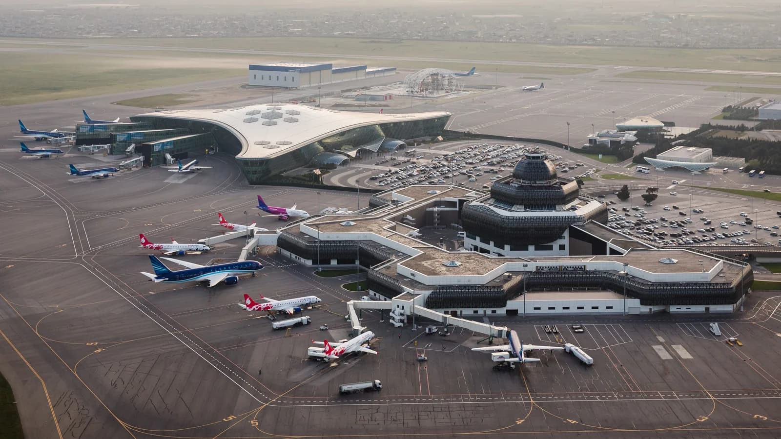 Aerial view of Heydar Aliyev International Airport in Baku