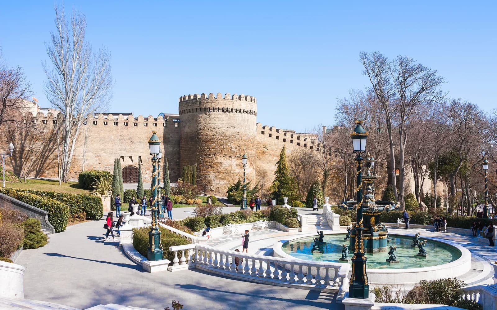 Old City walls and fountain in central Baku, Azerbaijan
