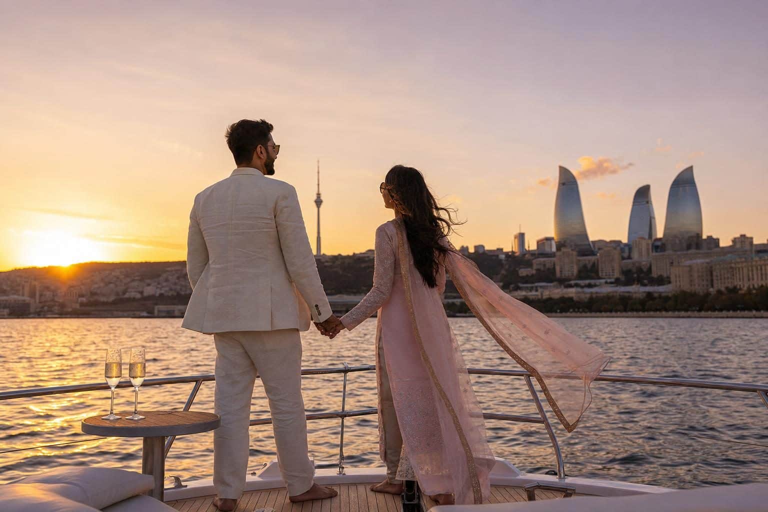 Indian couple at yacht bow, holding hands, looking out, Caspian, Baku