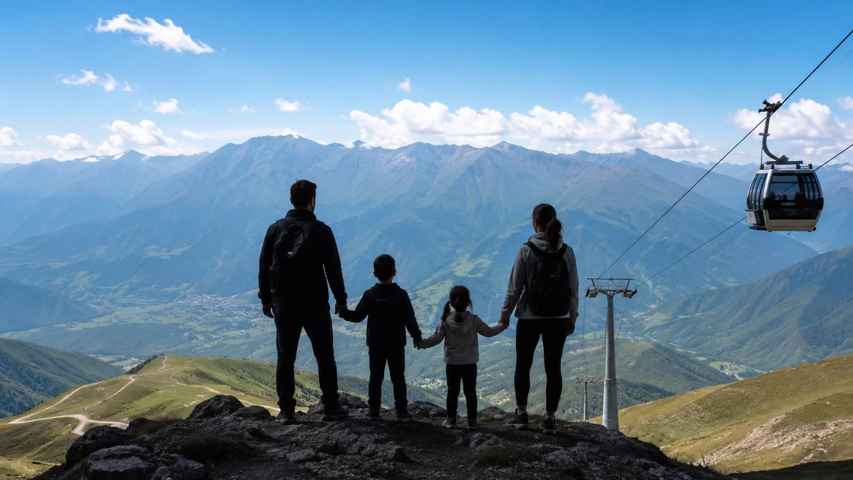 Family of 4 at viewpoint edge, looking out, wearing light jackets and casual mountain attire, Tufandag, Baku