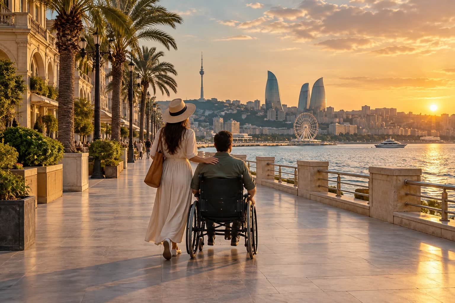 A wheelchair traveller and companion by the Caspian — AI-generated tour illustration
