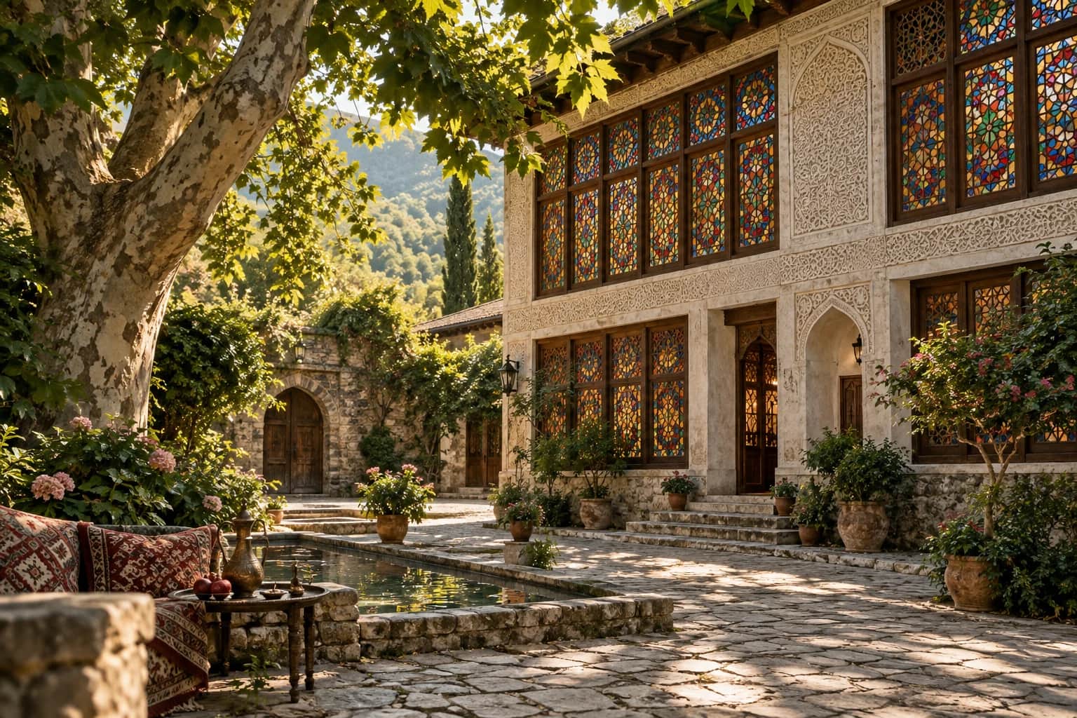 Sheki-inspired stained-glass architecture and a garden — AI-generated tour illustration