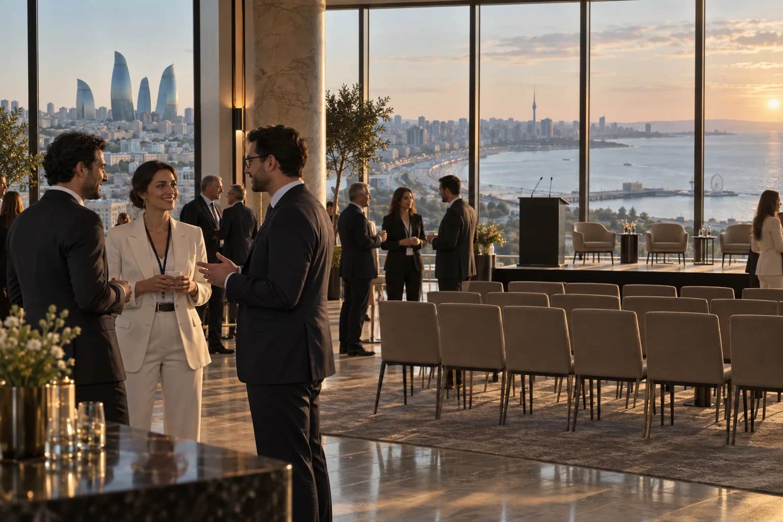 A business gathering overlooking Baku and the Caspian — AI-generated tour illustration