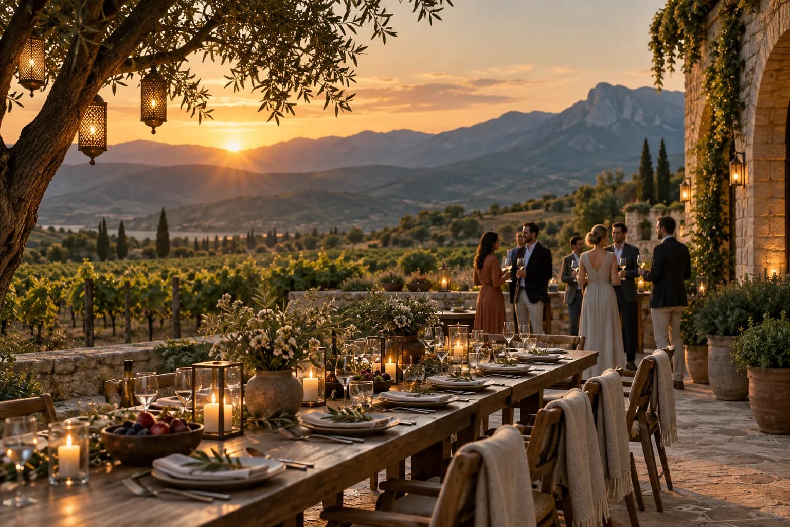 A vineyard dinner setting for an incentive journey — AI-generated tour illustration