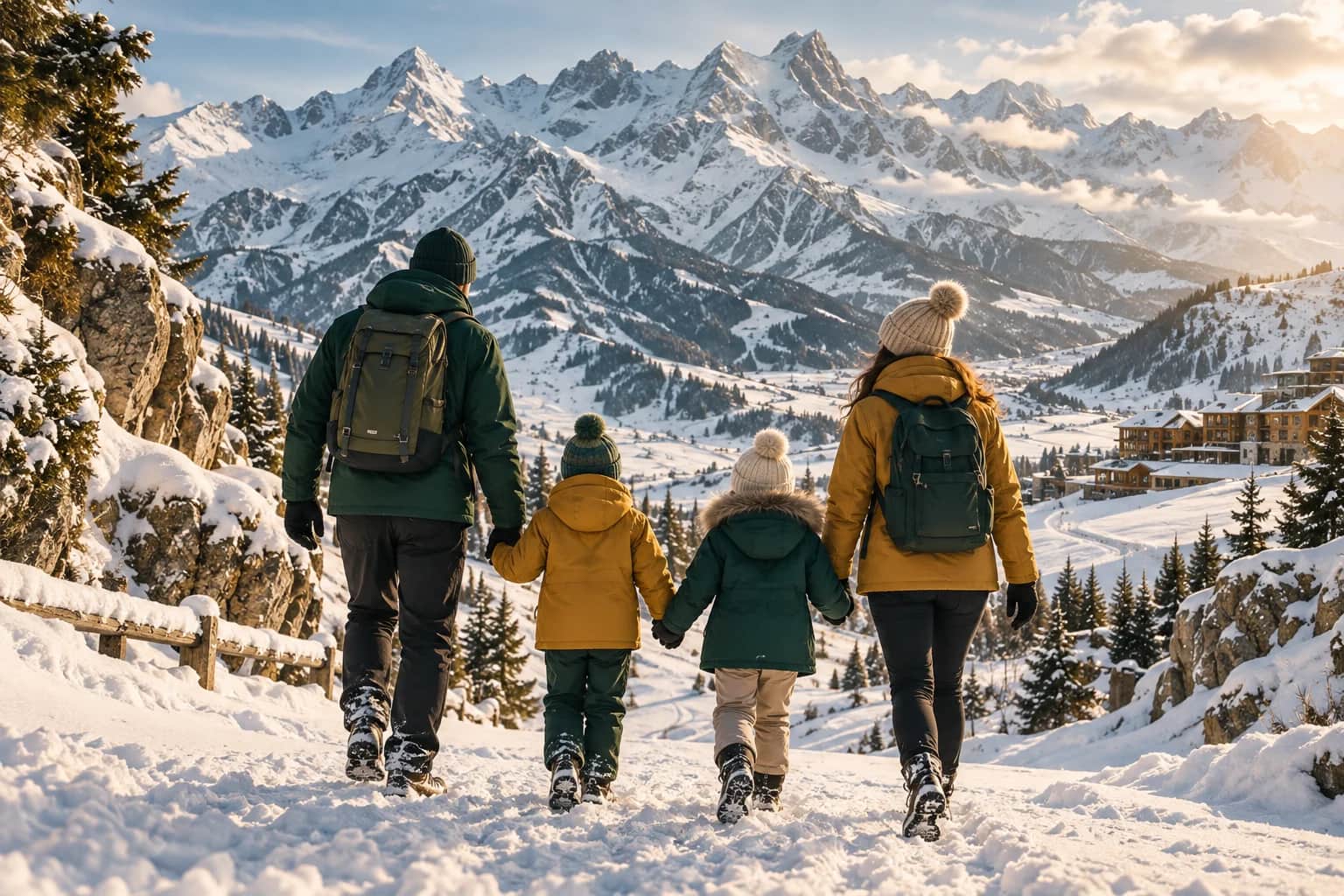 A family exploring snowy Caucasus mountains — AI-generated tour illustration
