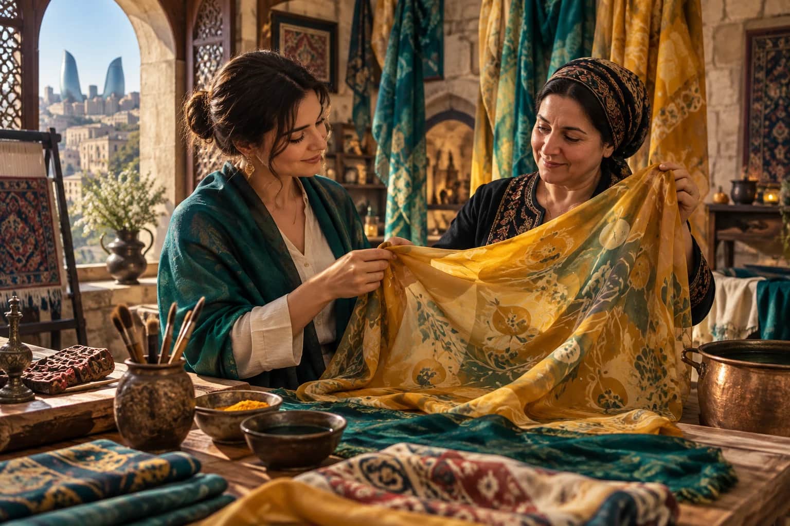 Women discovering silk-scarf craft traditions — AI-generated tour illustration