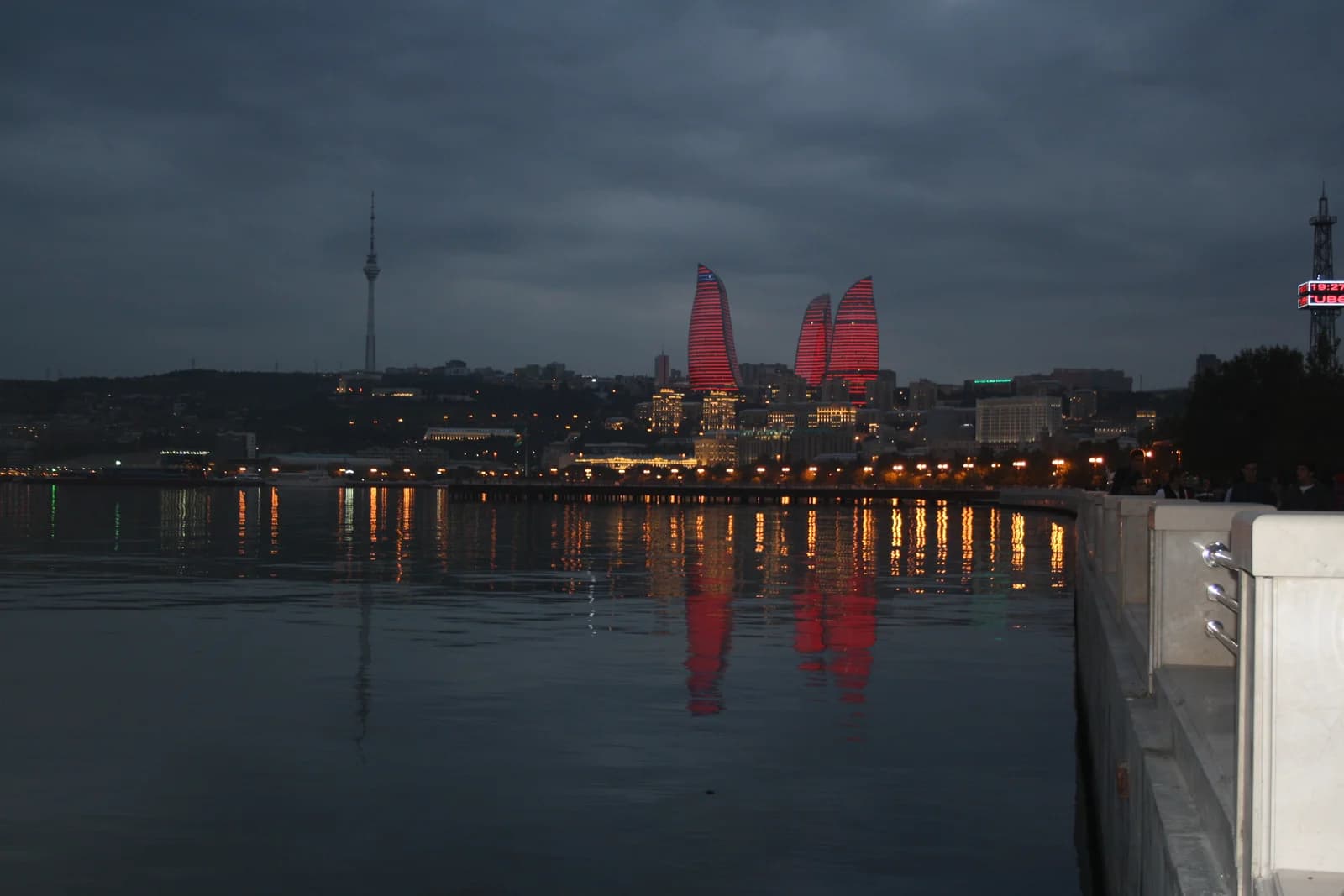 Flame Towers and the Caspian waterfront in Baku at night