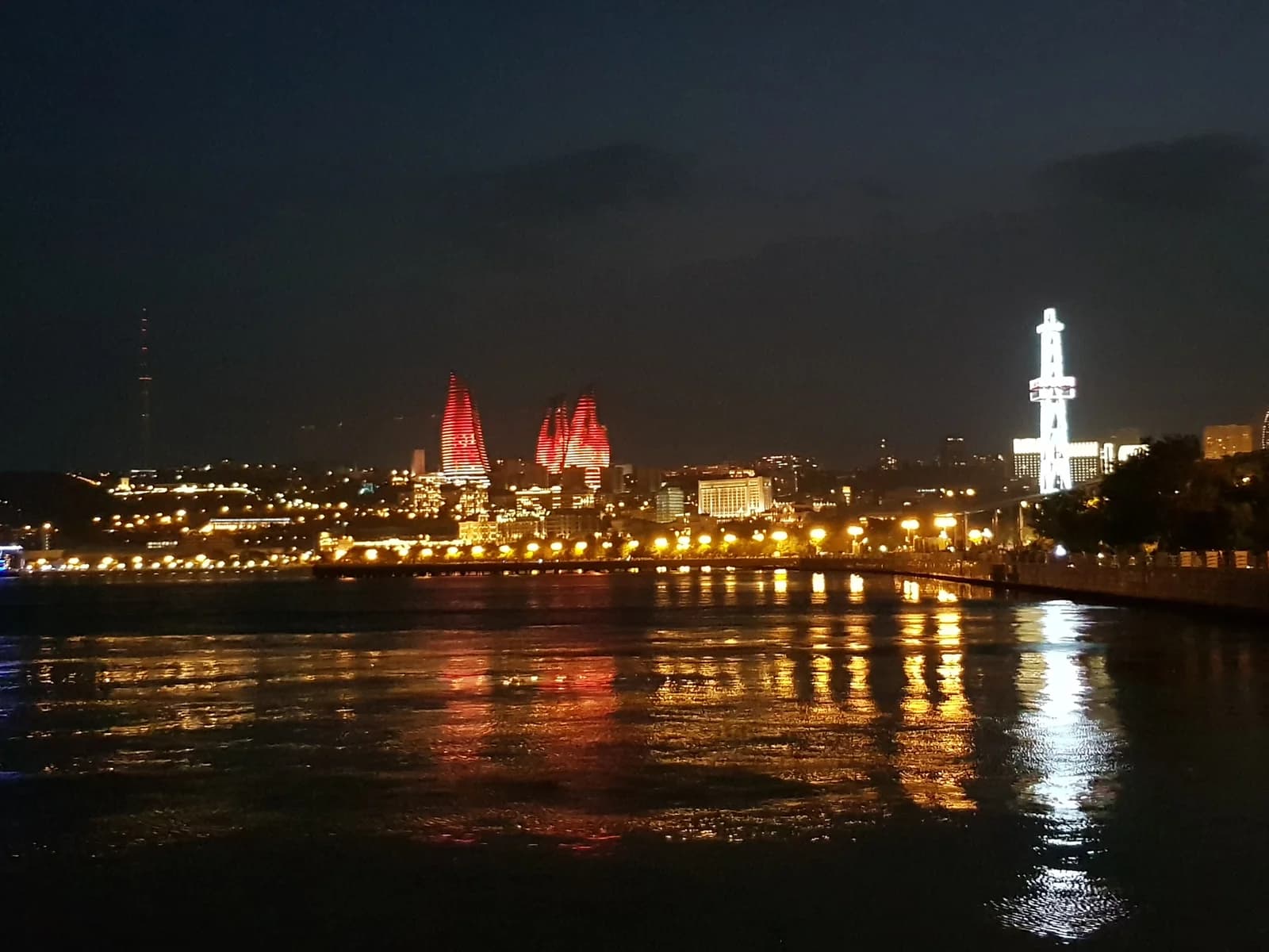 Flame Towers and the Caspian waterfront in Baku at night
