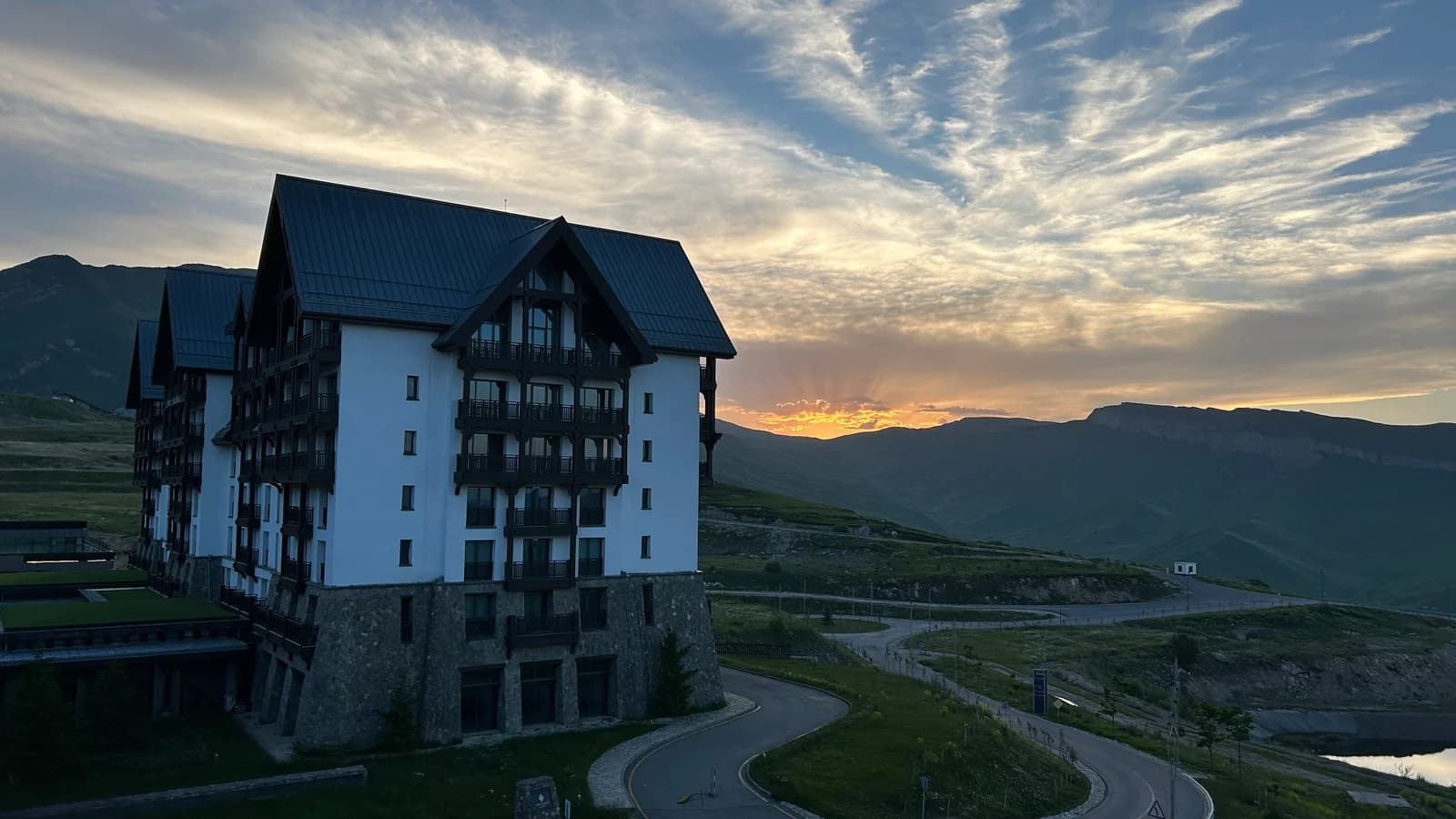 Resort buildings at Shahdag at sunset