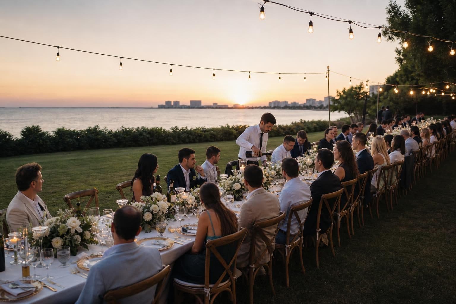 Long communal dinner table for 80 diagonal across frame, white linens, low garden-flower arrangements, golden tableware, crystal pairings, Italian