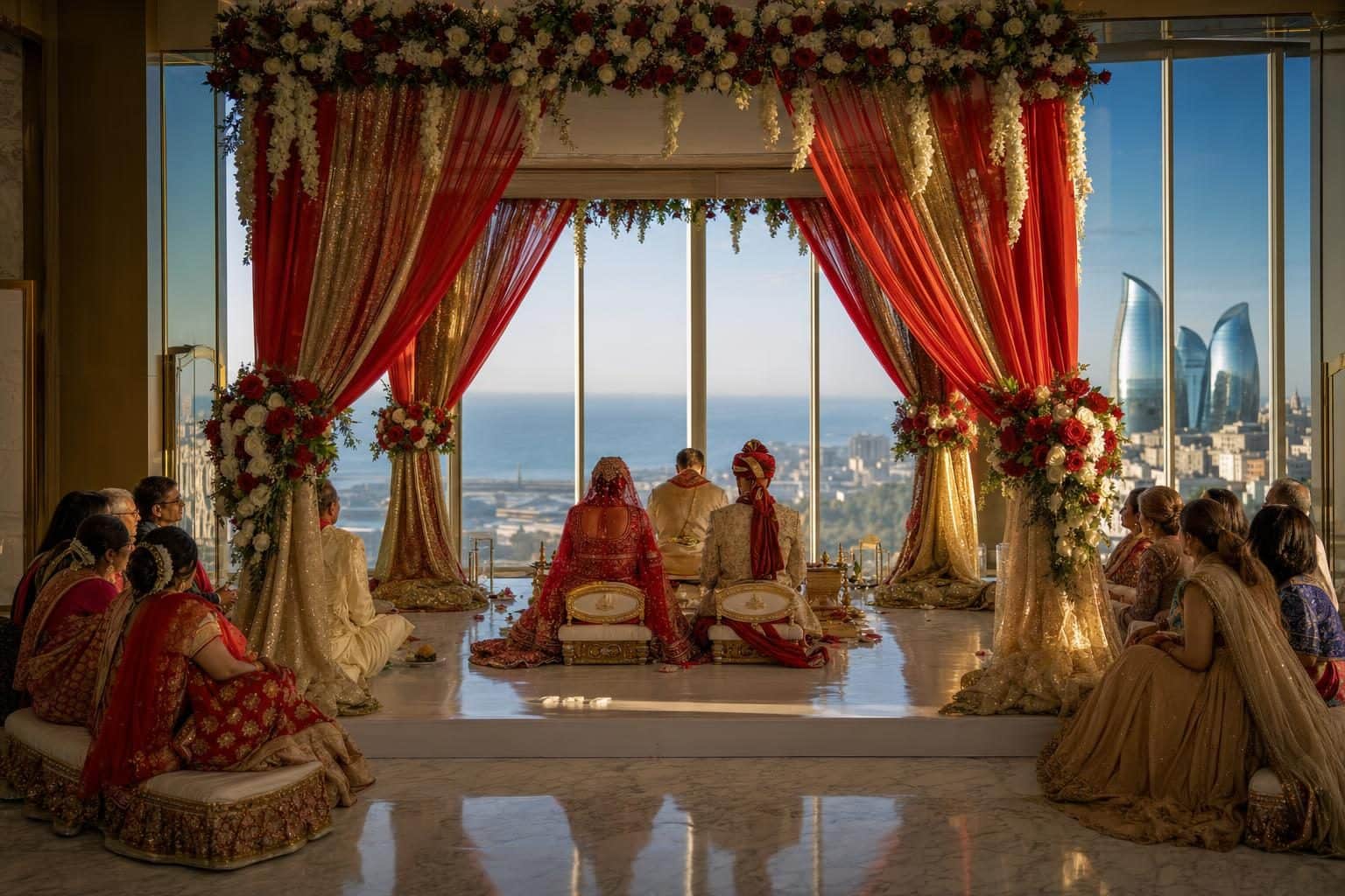Elaborate four-pillar mandap with crimson and gold drapes, abundant white-and-red roses and marigold, Flame Towers, Baku